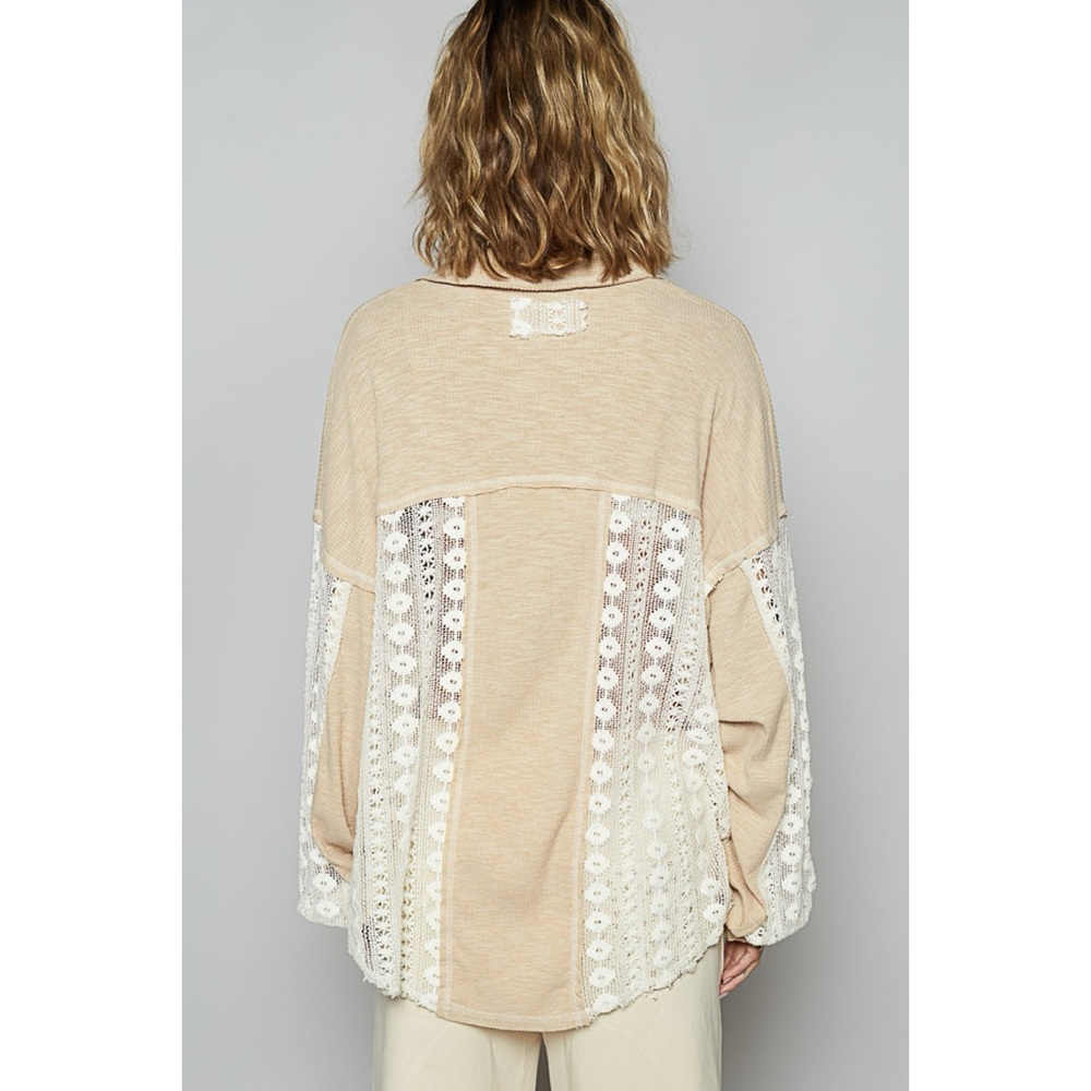POL Beige & White Rib Knit with Lace Split Neck Top - Picture 10 of 12
